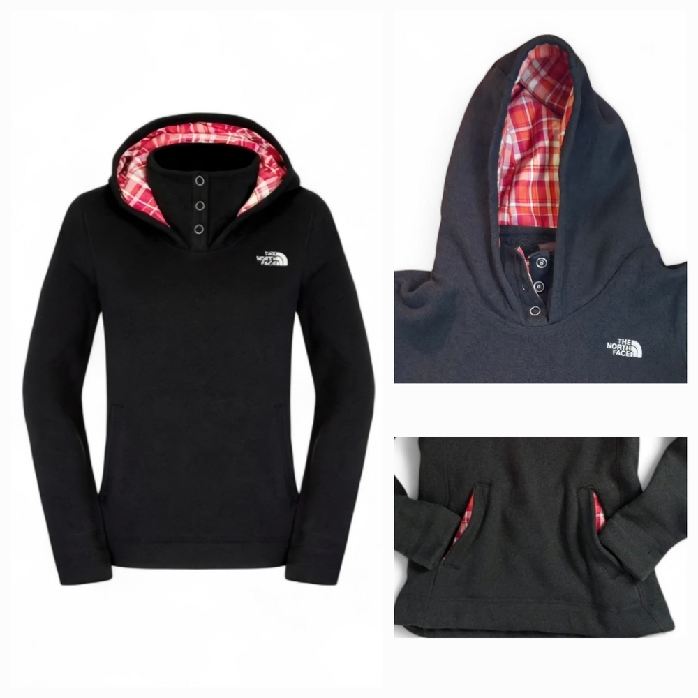 The North Face Sweater Hoodie Dark Gray Fleece Lined Plaid Hood Pocket Women XXL